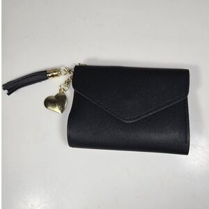 Luxury Divas Black Faux‎ Leather Trifold Wallet with a Heart Tassel Charm